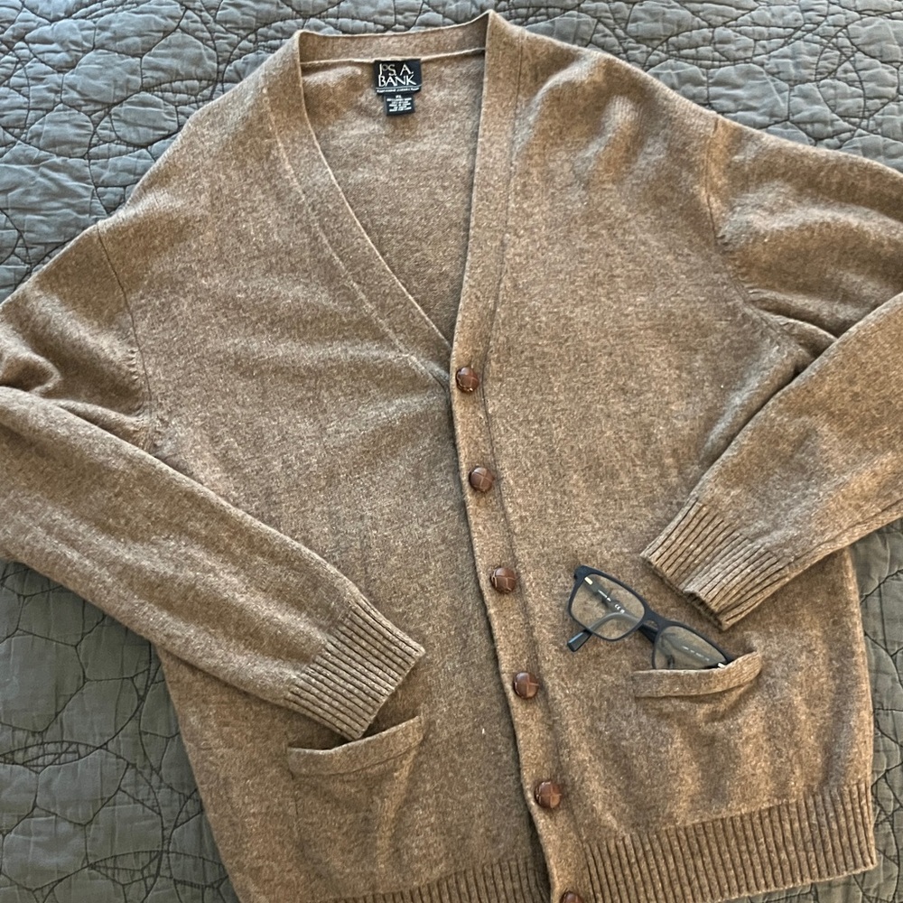 Jos. A. Bank Tan Cardigan Sweater Lambswool Blend
